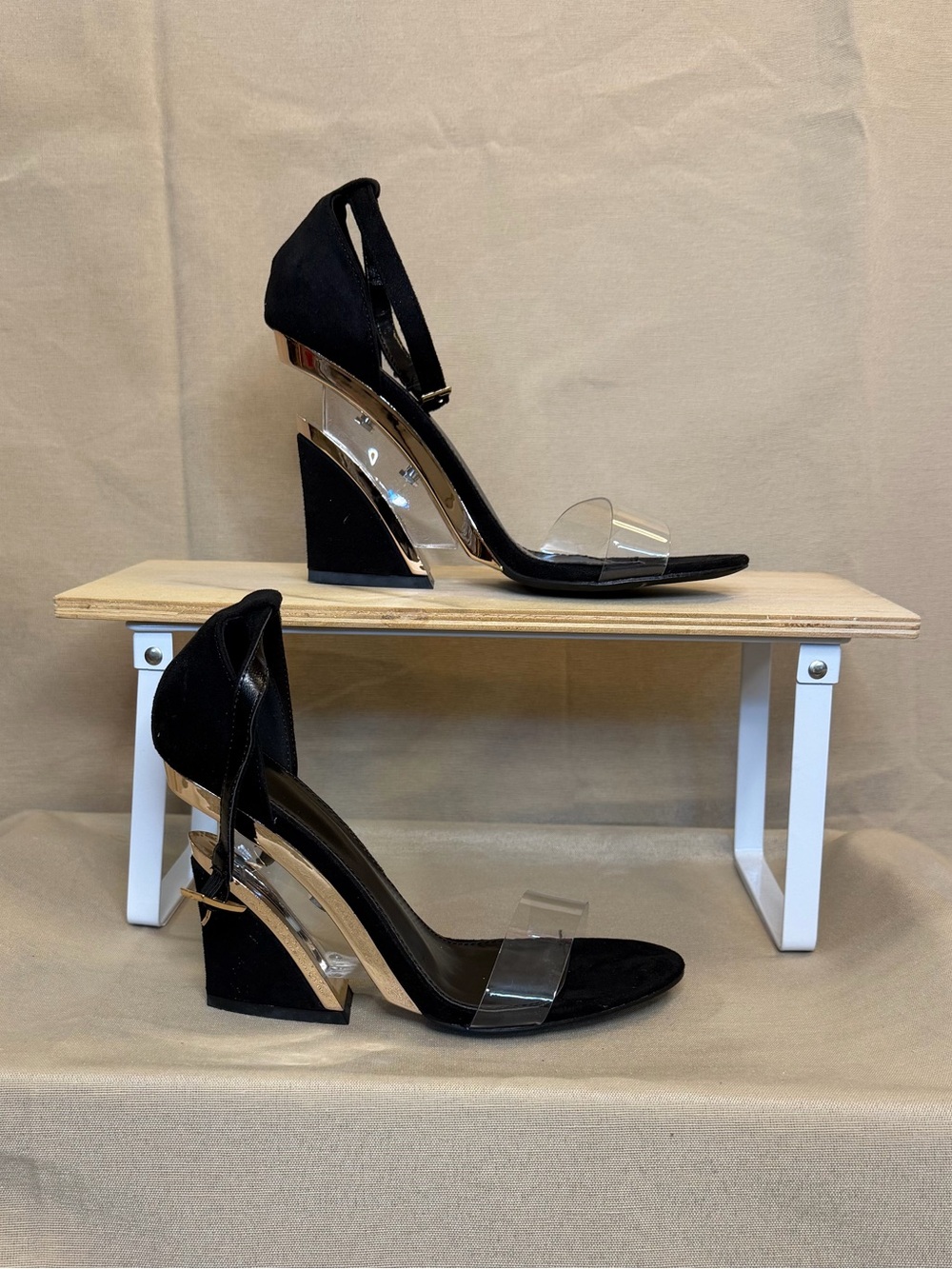 Black Suede Block Heel Sandals with Clear Strap